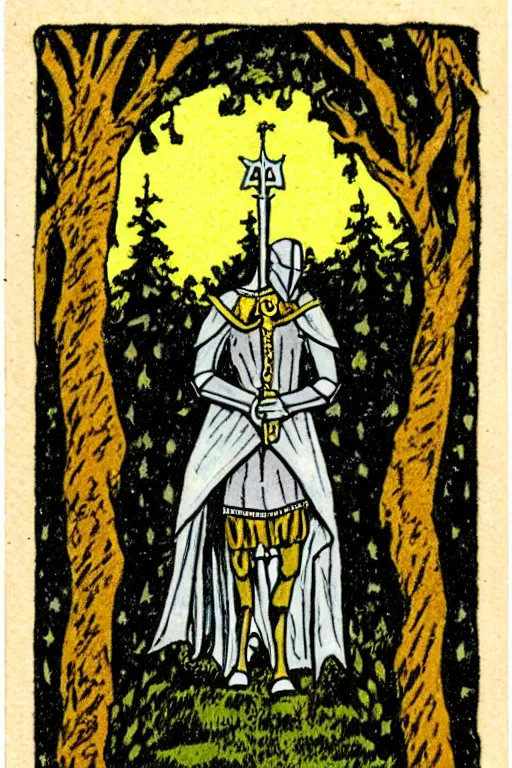 Image similar to tarot card of a shining knight that is lost in the woods and is followed by a shade