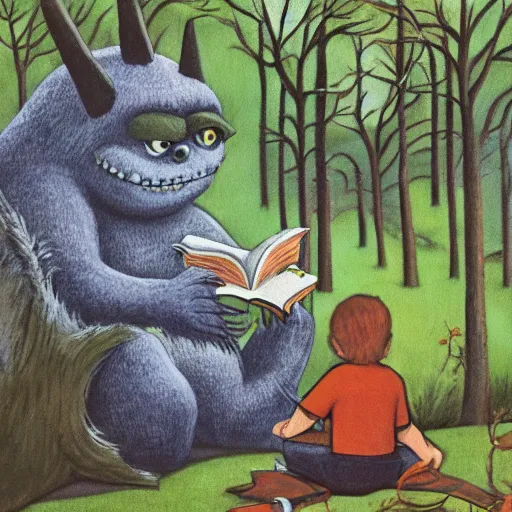 Image similar to monster reading a book in a forest, where the wild things are, bicycle nearby, oil on canvas, calm, maurice sendak