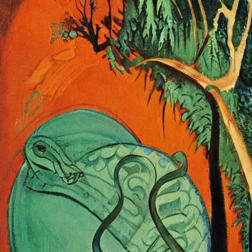 Image similar to navajo green by charles vess, by maurice utrillo accurate. a beautiful illustration of a snake eating its own tail that seems to go on forever.