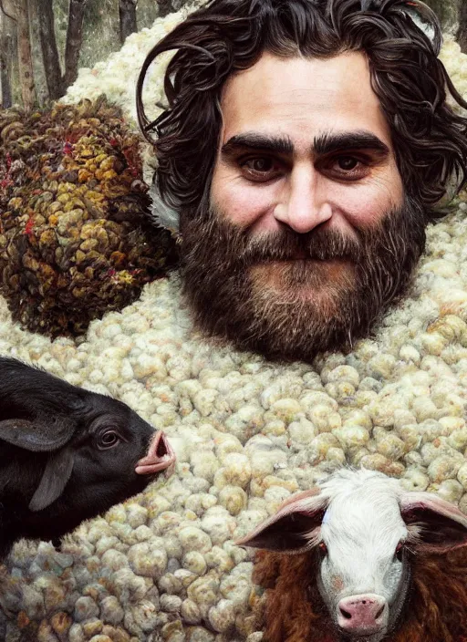 Image similar to a hyper detailed painting of joaquin phoenix surrounded by animals, cow horns, pig nose, sheep wool, chicken feather armor, horror, by anna podedworna, by miklos ligeti, by diego maricato, by taran fiddler, by antonino truisi, by chris reddie, by jinsung lim, trending on artstation