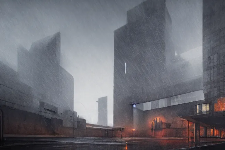 Image similar to cathedral, brutalist architecture, metal, concrete, mist, rain, night, dramatic lighting, lightning bolt, trending on Artstation, 8k, highly realistic, hyper detailed, unreal engine 5, IMAX quality, realistic, cinematic, epic lighting, realistic, in the style of Greg Rutkowski