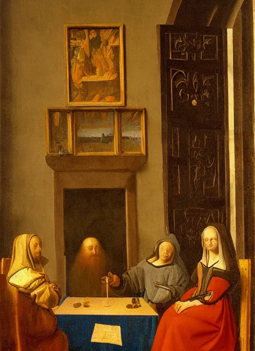 Image similar to a candlelit table at the inn, two people sitting at the table, swirling smoke, dark smoke, realistic, in the style of leonardo da vinci, dutch golden age, amsterdam, medieval painting by jan van eyck, johannes vermeer, florence