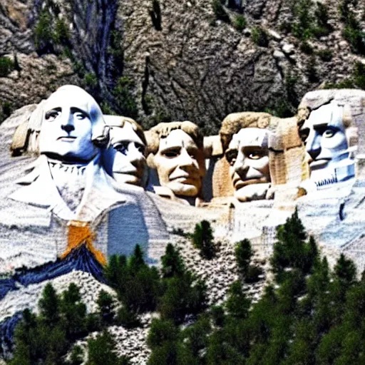 Image similar to a photo of mount rushmore after donald trump's face had been added. the photo clearly depicts the facial features of donald trump, at a slightly elevated level, depicting his particular hair style carved into the stone at the mountain top, centered, balances, regal, pensive, powerful, just