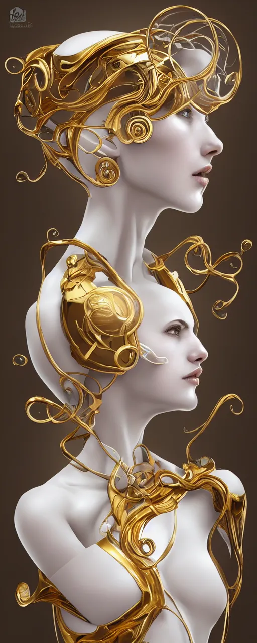 Prompt: beauty art nouveau woman, White marble and gold robotic, trending on artstation, by Artgerm