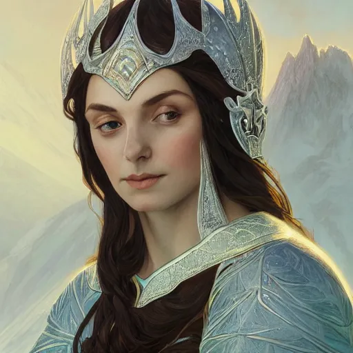 Prompt: Varda, queen of arda, on Mount Taniquetil in Valinor, elegant portrait, highly detailed, digital painting, artstation, concept art, sharp focus, illustration, art by artgerm and greg rutkowski and alphonse mucha