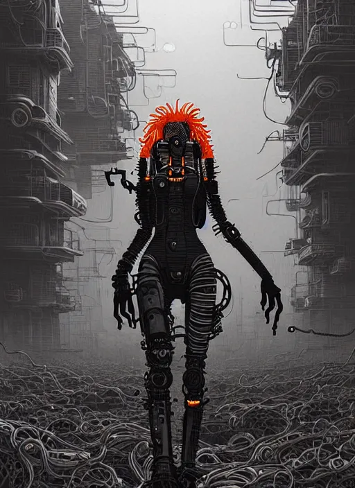 Image similar to highly detailed portrait of wasteland punk long curly fire hair tribal lady, stray wiring by atey ghailan, james gilleard, by joe fenton, by greg rutkowski, by greg tocchini, by kaethe butcher, 4 k resolution, gradient red, orange, black and white color scheme!!! ( ( flaming robotic dystopian city spiral background ) )