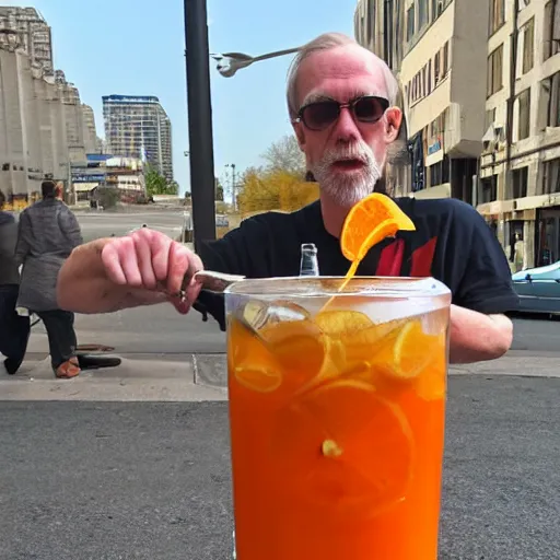 Image similar to hugh hopper on a street corner eating an orange and sipping pepsi