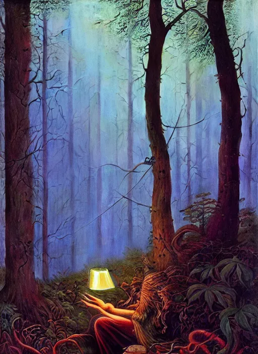 Image similar to hyper realistic witch modem with mood lighting and tech in the woods gorgeous lighting, blue sky, highly detailed, lush forest foliage painting by zdzisław beksinski and norman rockwell and greg rutkowskiweta studio, and lucasfilm