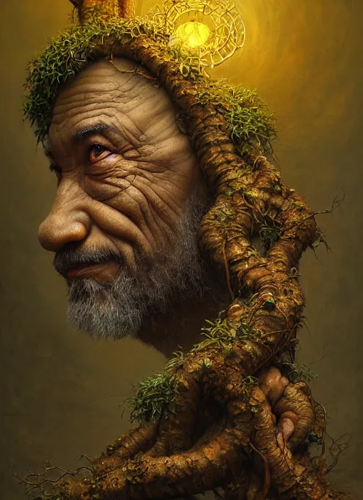 Prompt: monk with roots all over his face and a bonsai hat, intricate, rim light, extremly detailed digital painting, by tomasz alen kopera, james jean and fenghua zhong, highly detailed, art, cinematic lighting, very coherent, hyper realism, high detail, 8 k