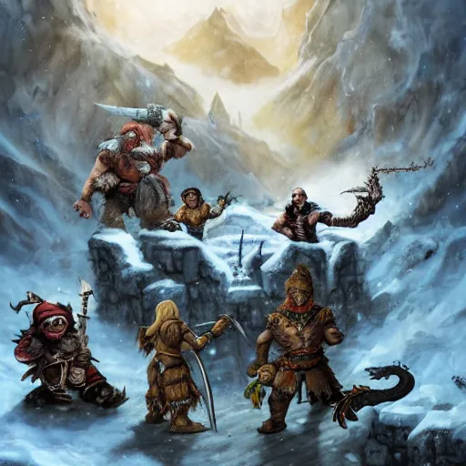 Image similar to an orc barbarian, gnome druid, halfling sorcerer, tabaxi monk, and warforged swashbuckler rogue fighting an adult white dragon on top of an ancient, ice covered fortress at the peak of a mountain, epic fantasy art wide angle, tony diterlizzi, lisa parker, selina fenech