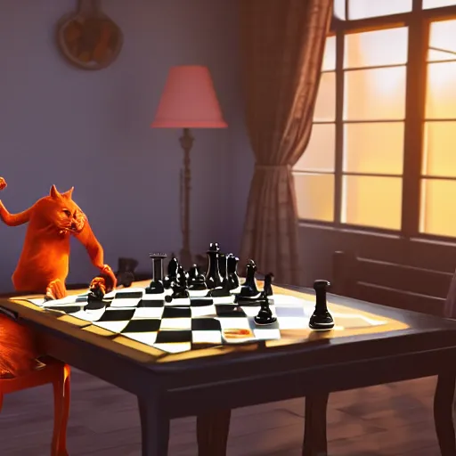 Image similar to grim reaper playing chess with a red cat at a table on a sunny veranda, 8 k, ultra realistic, unreal engine 5