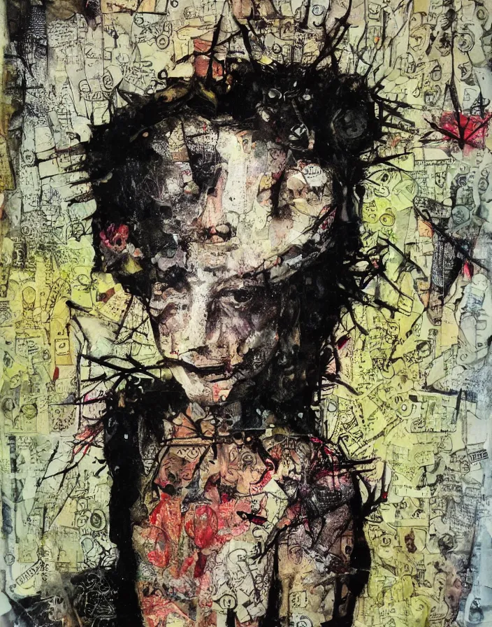 Image similar to you are the prey for your sins mixed media collage, conteporary art, punk art, single realistic face, photorealistic, expressionism, masterpiece, perfect composition, spectacular quality, intricate oil sweeps