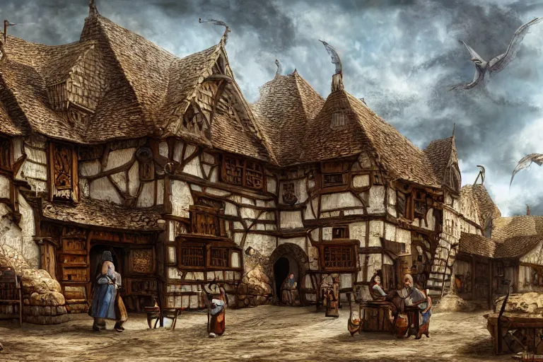 Image similar to A medieval tavern viewed from the outside, texture, intricate, details, highly detailed, masterpiece, architecture, building, trending on artstation, focus, sharp focus, concept art, digital painting, fantasy, sunny, day, midday