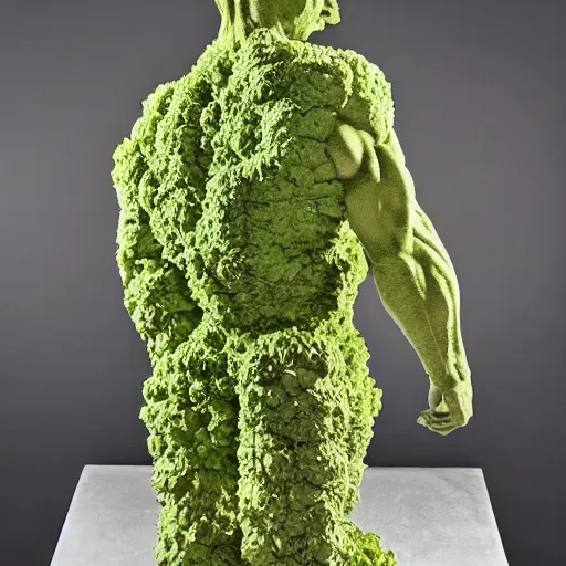 Prompt: sculpture of a bodybuilder made entirely from fresh broccoli by antoni gaudi