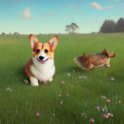 Prompt: corgi puppy, meadow background, hyperrealistic, lifelike, adorable, cute, happy, angelic, extremely detailed digital illustration by greg rutkowski, artgerm, moebius, ruan jia, makoto shinkai, simon stalenhag, trending on artstation, masterpiece, award - winning, exquisite, intricate, perfect, 8 k