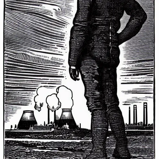 Prompt: 19th century wood-engraving of a man looking at a nuclear powerplant in the background, whole page illustration from Jules Verne book, art by Édouard Riou Jules Férat and Henri de Montaut, high quality, beautiful