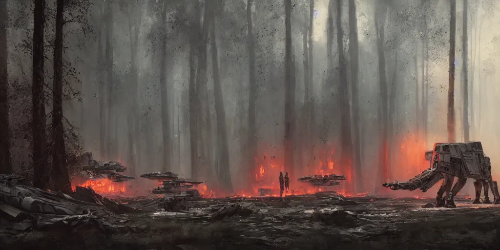 Image similar to a painting of a cinematic keyframe of star wars a destroyed at - at in a forest, heavy atmosphere, fire and smoke by greg rutkowski, rule of thirds, golden ratio, ambient lighting, wlop, artgerm, artstation, highly detailed masterpiece, dark fantasy art, high detail, trending on artstation