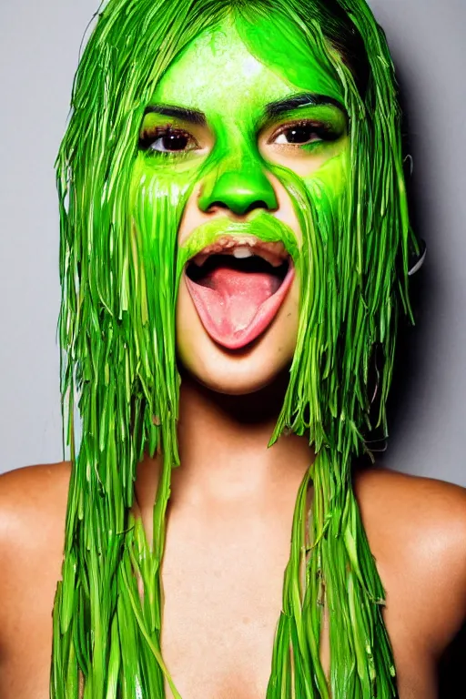 Image similar to close up headshot of selena gomez made out of celery, a human face with celery for hair, a bunch of celery sitting on a cutting board, professional food photography, selena gomez wearing green face paint