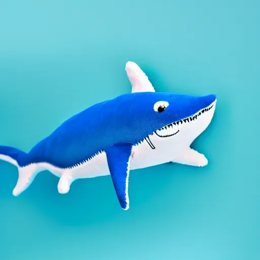 Image similar to beautiful photograph of a cute minimal bright - blue shark plush, advert, magazine, studio