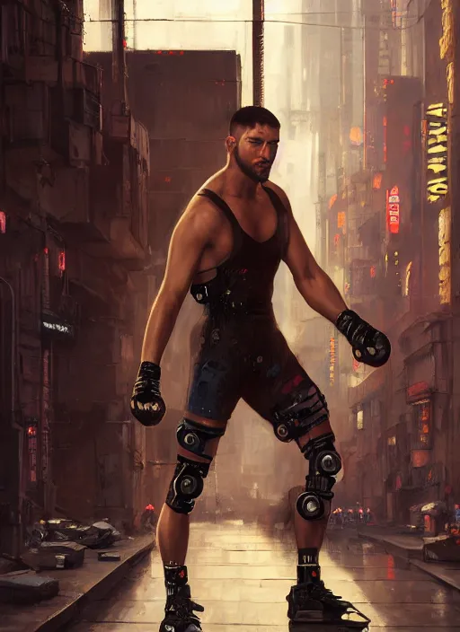 Image similar to buff cyberpunk olympic kickboxer with robotic legs wearing a jumpsuit ( blade runner 2 0 4 9, cyberpunk 2 0 7 7 ). orientalist portrait by john william waterhouse and james gurney and theodore ralli and nasreddine dinet, oil on canvas. cinematic, hyper realism, realistic proportions, dramatic lighting, high detail 4 k