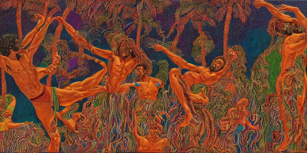 Prompt: an abstract tropical landscape, portrait of a hairy - chested dark - skinned greek god dancing. 2 4 mm, photorealistic, muted color scheme, directed by mati klarwein