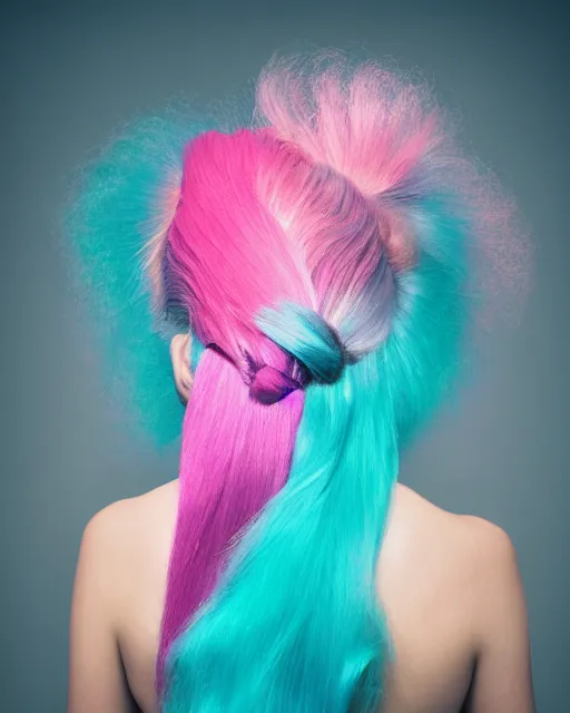 Image similar to a dramatic lighting photo of a beautiful young woman with cotton candy hair. with a little bit of cyan and pink