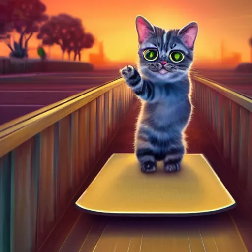 Prompt: Extremely cute and adorable 8k HD key visual of a cat skateboarding on a ramp at sunset, official media, lowbrow painting by Mark Ryden. The art style is quite chibi, with large heads and big wide eyes. 3D render diorama Macro photography