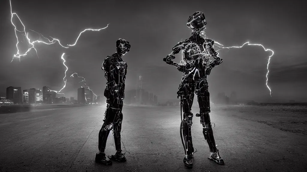 Prompt: Award winning photography of a neon glowing cyborg by David Yarrow