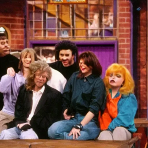 Image similar to the jerry springer show with cats, nineties style, tv show, colorful, vhs tape