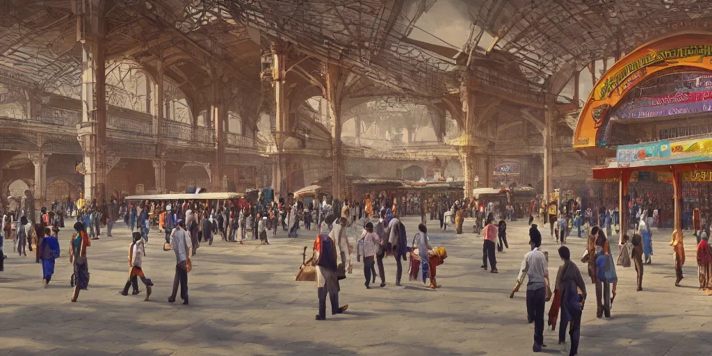 Image similar to cinematic movie scene, establishing shot, precise architectural rendering, interior of an india railway station, bustling with people, detailed illustration, sharp focus, concept art, unreal engine, octane render, aesthetic