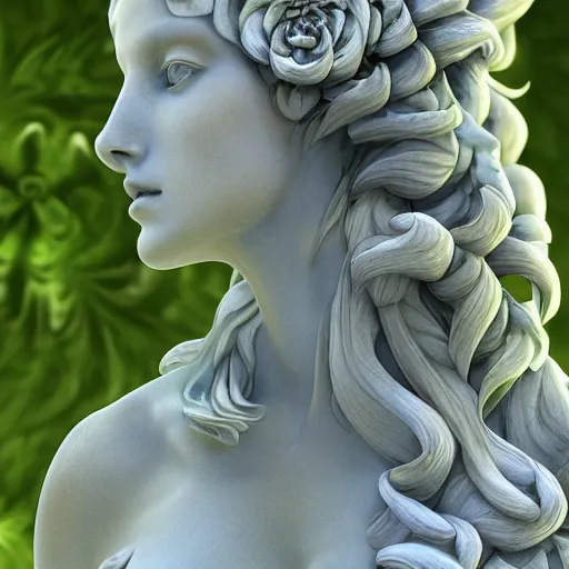 Prompt: an idealistic marble statue with fractal flowery hair in a fractal garden, unreal engine, 8k render, beautiful, full frame,