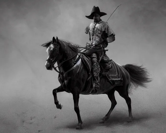 Image similar to a black and white photo of a man on a horse, an ambient occlusion render by frederic remington, cgsociety contest winner, fantasy art, matte drawing, vray, matte painting