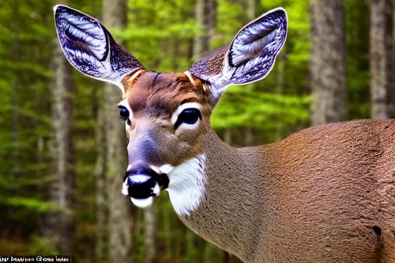 Image similar to a close up of the head of a deer with striking blue eyes , background of a landscape misty forest scene, the sun glistening through the trees
