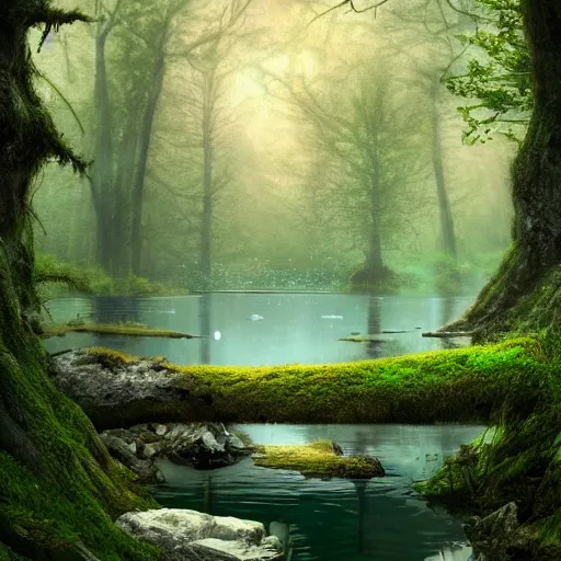 Image similar to a small hidden lake in the forest, moss, rocky landscape, fairytale, digital art, highly detailed, HD, trending on artstation, mystical, fireflies, ethereal, beautiful