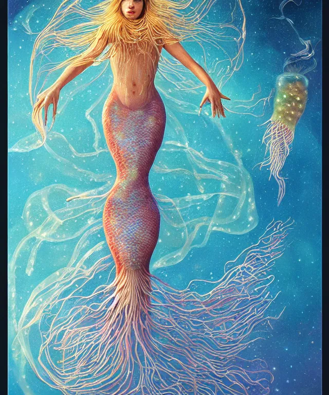 Prompt: portrait of a levitating floating in space goddess mermaid with (reaction diffusion) scaled fish skin Bioluminescent phoenix jellyfish, phoenix fire, chimera, energy rays, Her breath shot a haze of steam out into the frosty morning air concept, soft light, soft mood, realistic body features and face, illustration,intricate ornament halo, painting oil on canvas by Elena Zhurikhina and Goro Fujita and Charlie Bowater, octane render trending on artstation, 4k, 8k, HD