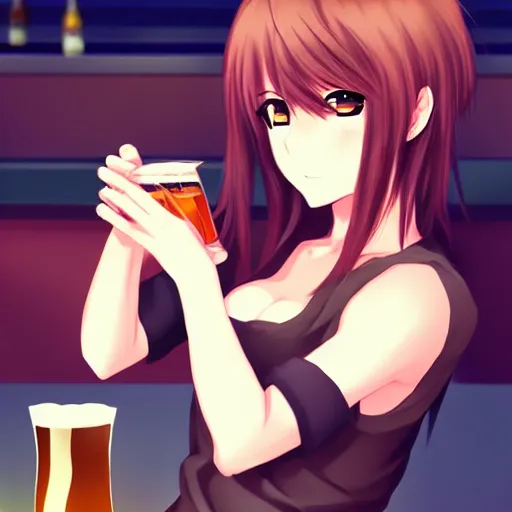 Prompt: Masculine looking anime girl at a bar drinking a beer, warm glow from the lights, angle that looks up at her from below, deviantart, pixiv, detailed face, smug appearance, beautiful anime, obviously drunk with reddish cheeks, detailed anime eyes
