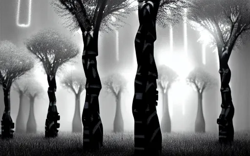 Image similar to black and white drawing of a cyborg forest, trees looks like robots, rim light, cinematic, studio dramatic light, poetic, surreal mythical dreamy dark artistic masterpiece, octane render, 8 k, photo