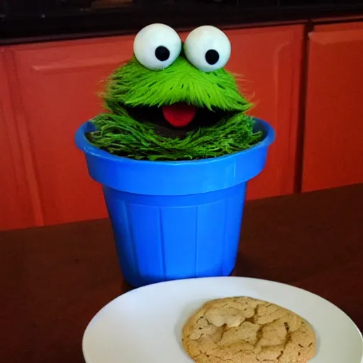 Prompt: Oscar the grouch eating cookies