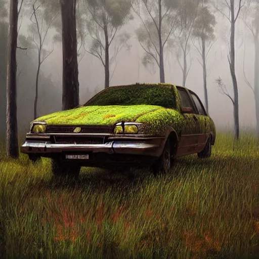 Prompt: hyper _ realistic _ painting _ of _ an _ australian _ landscape _ an _ abandoned _ holden _ commodore _ covered _ with _ moss. _ by _ simon _ stalenhag _ - n _ 4 _ - i _ - s _ 1 0 0 _ - s _ 3 7 6 3 8 4 2 4 6 0