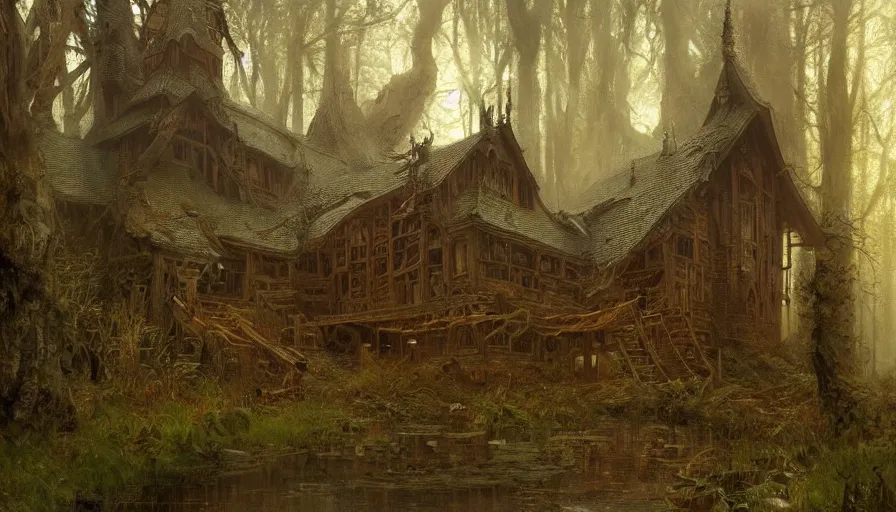 Image similar to a beautiful intricate painting of a abandoned log church in dark evil fantasy forest, reflections, very high details by william turner art, greg rutkowski and alphonse mucha, trending on artstation, very very detailed, masterpiece,