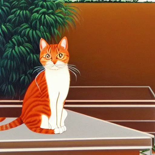 Prompt: oil painting of a red tabby cat sitting in the backyard, by Hiroshi Nagai