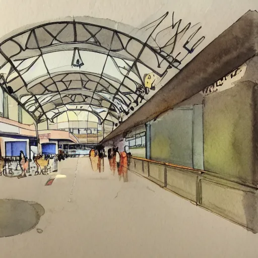 Prompt: watercolor sketch of an art nouveau airport