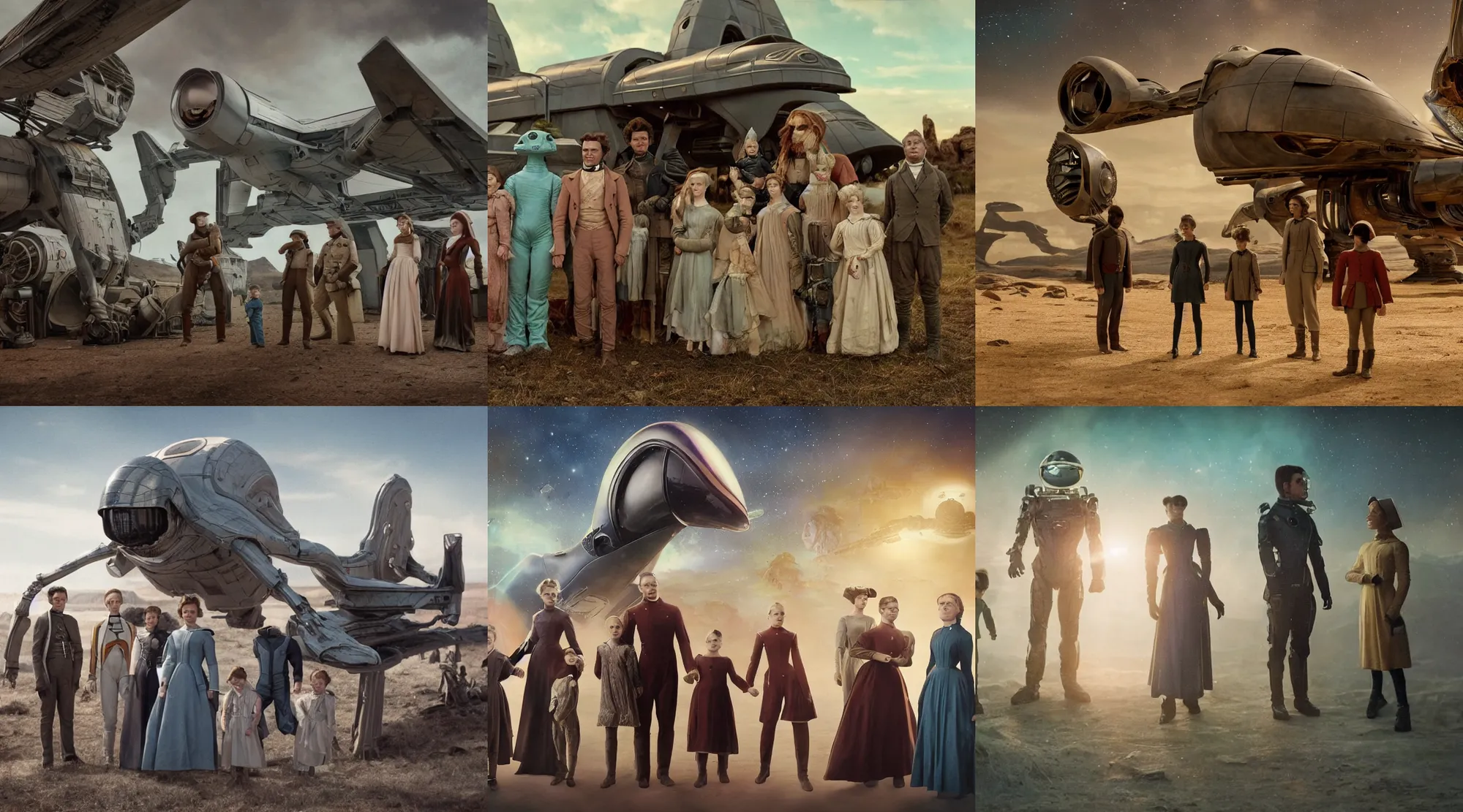 Prompt: 8k film still from a sci fi blockbuster color movie made in 2022, set in 1860, of a family standing in front of a spaceship that has just landed on an alien planet, a humanoid alien creature stands nearby, the family are all wearing 1850s era clothes, cinematic lighting, cinematic camera, in focus, extremely good lighting, good photography, oscar winner