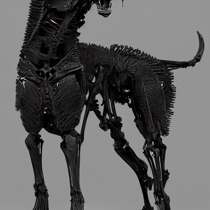 Image similar to belgian malinois, skeleton. intricate artwork. by Tooth Wu, wlop, beeple, dan mumford. octane render, trending on artstation, greg rutkowski, very coherent symmetrical artwork. cinematic, hyper realism, high detail, octane render, 8k, iridescent accents, deep blacks