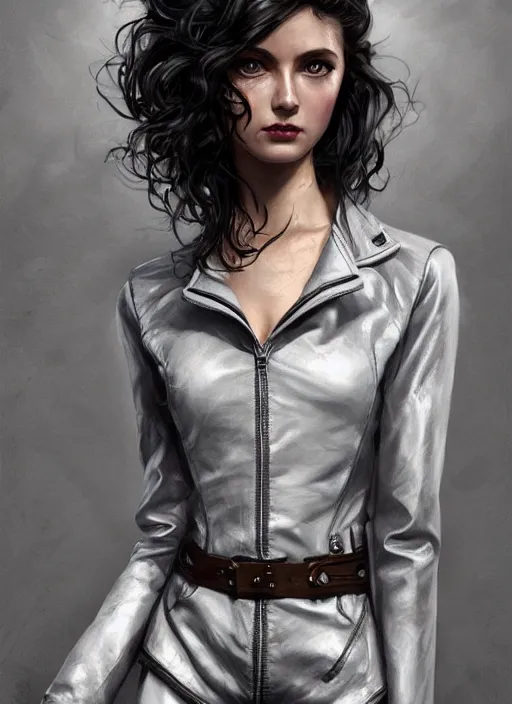 Image similar to girl in short white! top and short gray! leather jacket, long dark curly hair, high waist sweatpants, intricate, elegant, highly detailed, digital painting, artstation, concept art, smooth, clockwork, sharp focus, illustration, metart, art by artgerm and greg rutkowski and alphonse mucha, 8 k