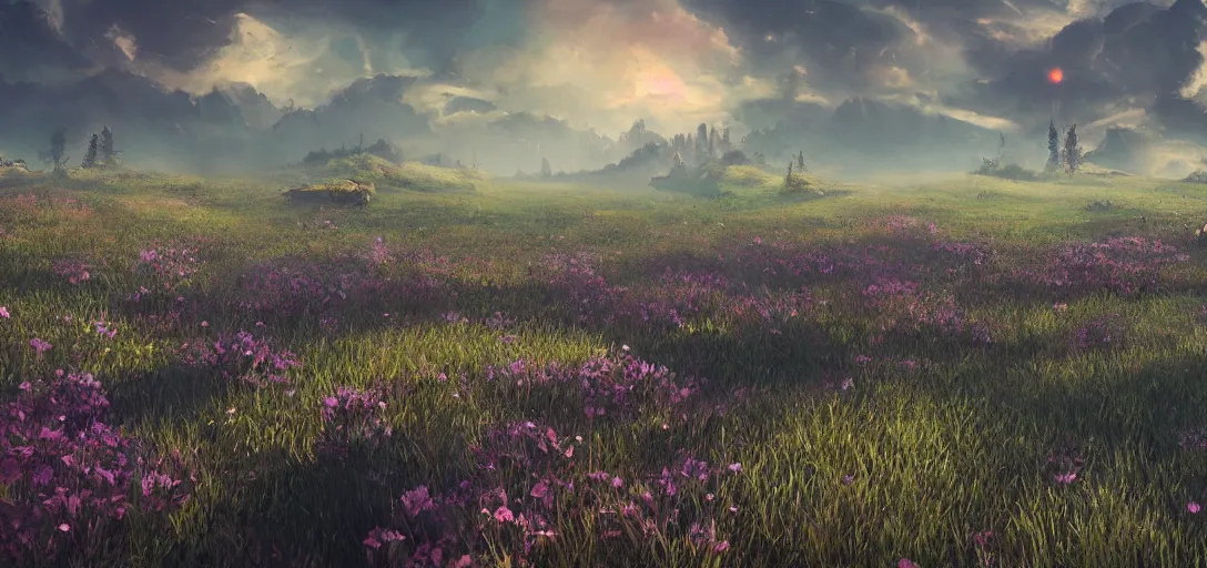 Prompt: a meadow shown from the beginning of the earth to the death of the universe, trending on artstation, 4 k, ray tracing, stunning visuals, concept art, unreal engine, highly detailed, cinematic lighting, wide angle lens