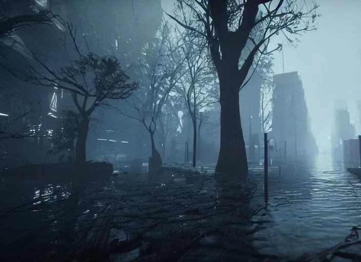 Image similar to dark, misty, foggy, flooded new york city street swamp in Destiny 2, liminal creepy, dark, dystopian, abandoned highly detailed 4k 60fps in-game destiny 2 screenshot gameplay showcase