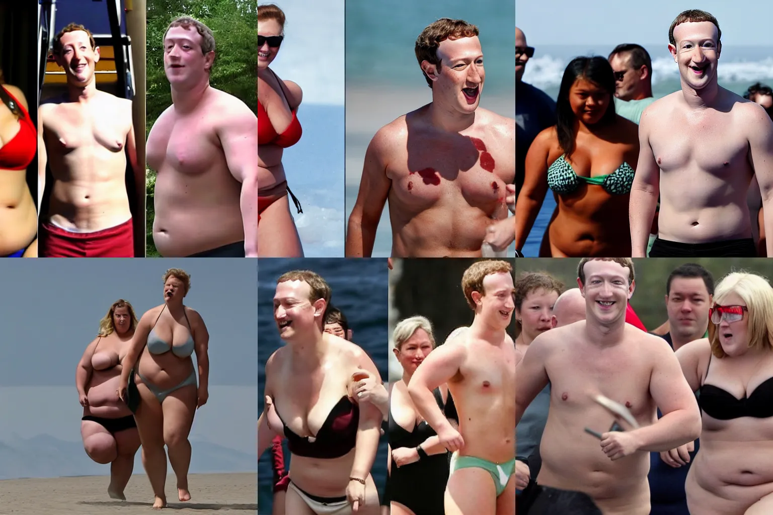 Prompt: mark zuckerberg on steroids chased on north pole by army of fat women in bikinis