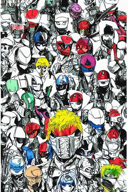 Image similar to ranger power colored mecha ninja mask helmet metal gear solid artic suit swat commando andy warhol style style mullins craig and keane glen and apterus sabbas and guay rebecca and demizu posuka