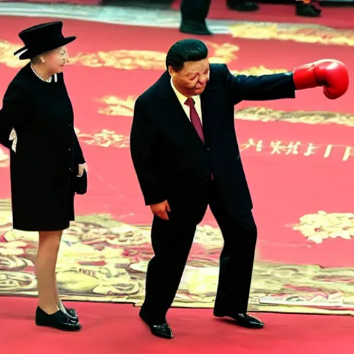 Image similar to Xi Jinping in a boxing match with the Queen of England,